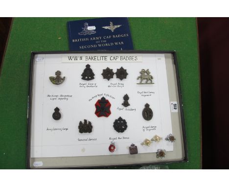 WWII British Army Economy Issue Bakelite Cap Badges, other metal badges and 'British Army cap badges of The Second World War'