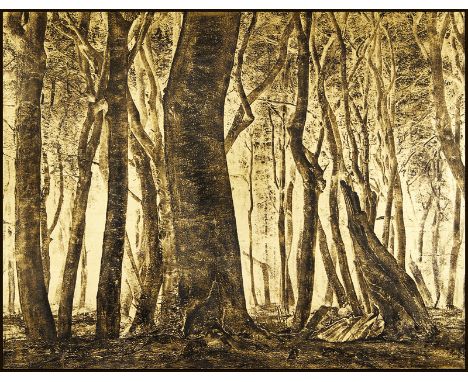 Saupe, Ulf -- "Golden Forest # 7". 2020. Ground coal printed on 24 karat gold leaf on wood, gum bichromate process. 113 x 146