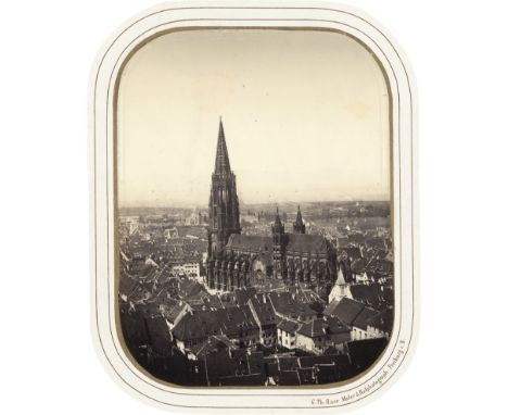 Hase, Gottlieb Theodor -- Freiburg Münster seen from Schlossberg. 1850s. Albumen print with rounded corners. 16 x 12 cm. Moun