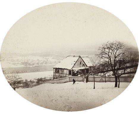 [*] Kotzsch, August -- Kotzsch house with view over the Elbe river in winter, Loschwitz. 1870. Albumen print in oval. 15,5 x 
