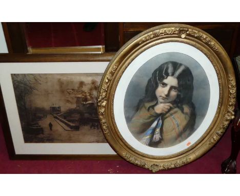 A late Victorian monochrome engraved bust portrait of a young girl, framed as an oval within floral gilt surround; together w