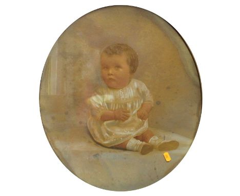 19th Century school - portrait of a seated baby, pastel, framed as an oval, 49x39cm, together with various pictures, prints, 