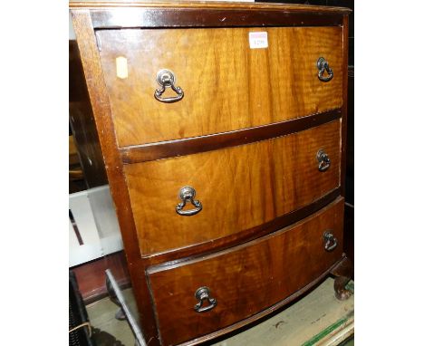 Occasional furniture to include; a small walnut bow front chest of three long drawers, width 51cm, a brass topped Benares tab