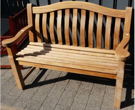 A contemporary Alexander Rose slatted teak two-seater garden bench, width 131cmCondition report: Some bleaching and one minor