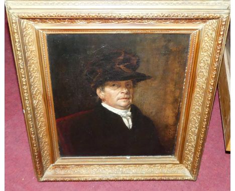 19th century English school bust portrait of an elderly woman wearing a hat, oil on canvas, 35x29cm