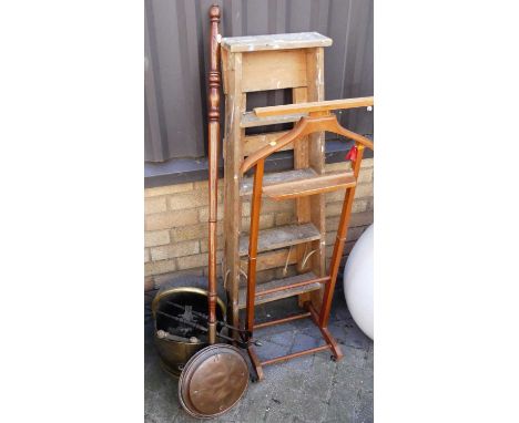 A pine A-frame five tread decorator's ladder, together with a valet stand, and sundry fireside metal wares