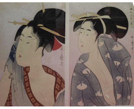 A Japanese triptych of portrait wood block prints, signed and with studio seals, 38x24cm; and one other diptych, both in mode