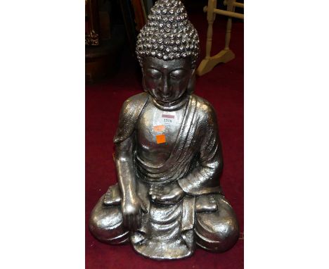A contemporary silvered ceramic model of a seated Buddha, h.52cm