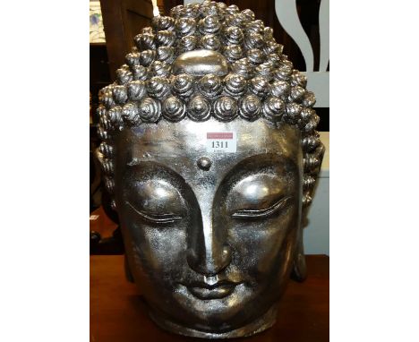 A contemporary silvered ceramic model head of Buddha, height 42cm