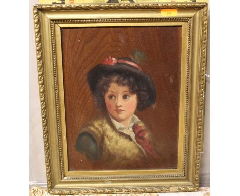 A circa 1900 continental school bust portrait of a child, oil on walnut panel, 24x19cm together with three continental oil la