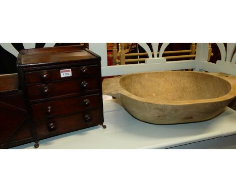 An unusual small rustic mahogany table top chest, having four drawers and hinged side compartment, width 49cm, together with 