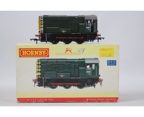 Hornby - an OO gauge model diesel shunter (locomotive), running no 3256, BR green livery with striped yellow ends, label on b