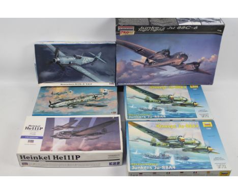 Hasegawa - Monogram - Zvezda - 6 x boxed aircraft model kits in 1:72 and 1:48 scale, Junkers Ju 88C-6 # 85-5970, 2 x Junkers 