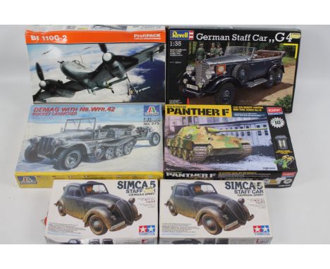 Tamiya - Italeri - Revell - Academy - Eduard - 6 x boxed military vehicle model kits including Mercedes Staff Car G4 in 1:35 