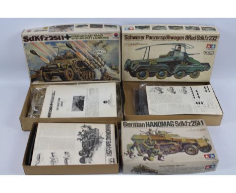 Tamiya - Nitto Kagaku - 3 x boxed German military models in 1/35 scale, Hanomag Sdkfz251/1 # MM120-700, Half Track with Rocke