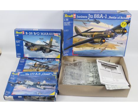 Revell - 4 x boxed aircraft model kits, Junkers Ju 88A-1 in 1:32 scale # 04728, Martin B-26 B/G Marauder in 1:48 scale, Hensc