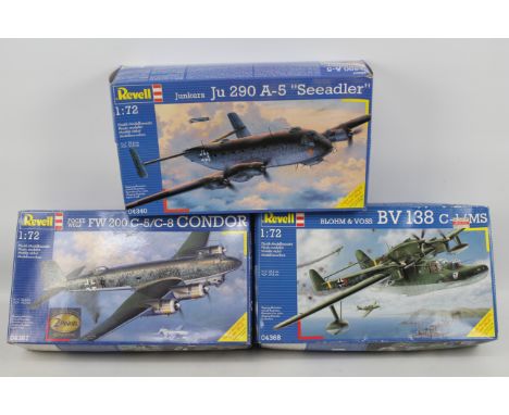 Revell - 3 x boxed aircraft model kits in 1:72 scale, Focke Wulf FW 200 # 04387, Blohm &amp; Voss BV138 # 04368 and Junkers J