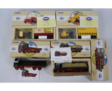 Corgi - 5 x boxed trucks in 1:50th scale, Scammell Scarab x 2 # 97910, 97911, ERF flatbed # 97940 and AEC flatbed # 97931. Al