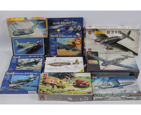 Airfix - Tamiya - Pegasus - Starfix - 10 x boxed military model kits including Messerschmitt Bf-109 G-6 in 1/48 scale, Spitfi