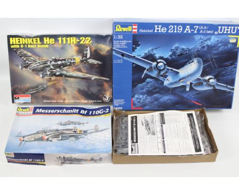 Revell - Monogram - 3 x boxed aircraft model kits, Heinkel He 219 A-7 in 1:32 scale # 04666, Heinkel He 111 H-22 in 1:48 scal