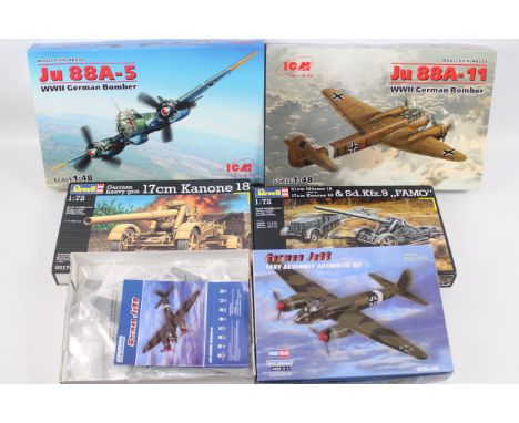 ICM - Revell - Hobby Boss - 5 x boxed military model kits in 1:72 and 1:48 scale including, Junkers Ju88 # 80297, Junkers Ju 