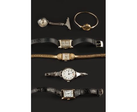 A COLLECTION OF LADY'S WATCHES,  comprising a gilt metal wristwatch by Raymond Weil, the signed rectangular dial with Roman n
