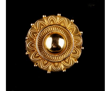 A VICTORIAN BOSS BROOCH, applied with ropetwist wirework and bead borders, glazed verso, later fitting, together with a  plai