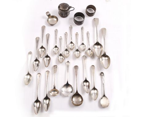 A SILVER CADDY SPOON by William Base & Sons, Birmingham 1930; a silver pierce decorated mustard, with hinged top and blue gla