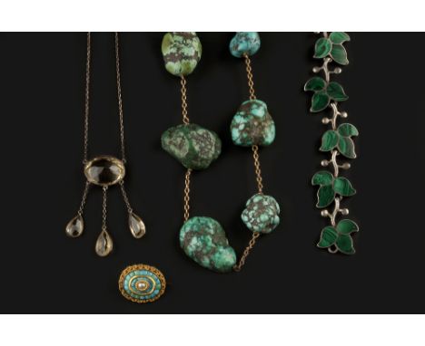 A COLLECTION OF JEWELLERY, comprising an amethyst and seed pearl set brooch, a citrine pendant necklace, a turquoise and half