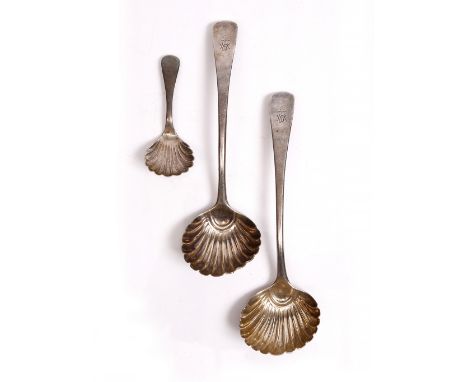 A SILVER CADDY SPOON, with scalloped bowl by Nathan & Hayes, Birmingham 1900; and a pair of George III silver Old English pat