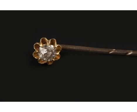 A COLLECTION OF STICK PINS, to include a diamond single stone stick pin, the cushion-shaped old-cut diamond in claw setting w