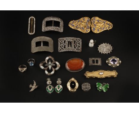 A COLLECTION OF JEWELLERY,  comprising assorted buckles, to include paste and cut steel examples, two pairs of paste ear pend