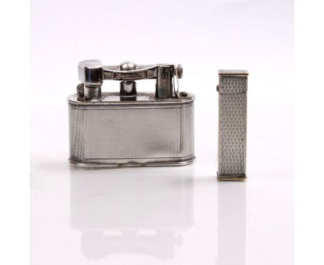 A DUNHILL CARTIER LICENCE ENGINE TURNED CIGARETTE LIGHTER, 6.5cm long; and a Dunhill white metal table lighter, patent no. 14