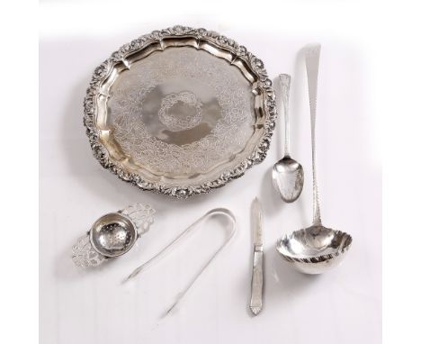 AN 18TH CENTURY SILVER SOUP LADLE with bright cut handle and bottom marks, 34cm long; a George III tablespoon by Peter and Wi