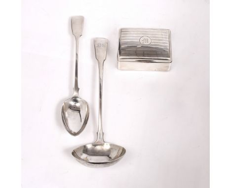 A GEORGE III FIDDLE PATTERN SOUP LADLE, 32cm long, London 1807 by Edward Lees, a fiddle pattern serving spoon, 31.5cm long by