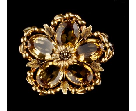 A COLLECTION OF 19TH CENTURY AND LATER BROOCHES,  comprising a citrine panel brooch, designed as a flowerhead cluster of oval