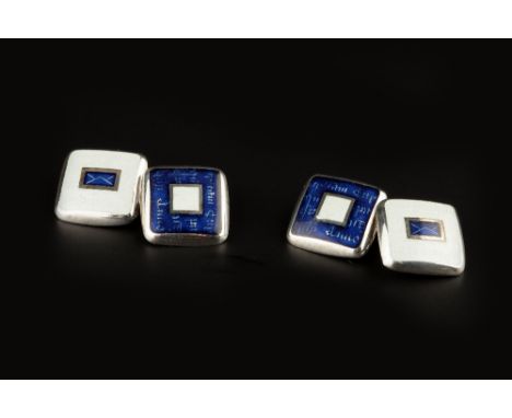 A PAIR OF SILVER AND ENAMEL CUFFLINKS BY FIONA RAE,  each square panel heightened with blue and white enamel, to chain-link f