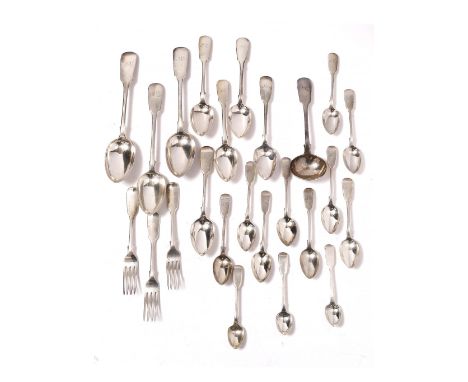 A VICTORIAN SILVER MATCHED FIDDLE PATTERN PART SERVICE OF FLATWARE, predominately by W.S., possibly William Smiley, London 18