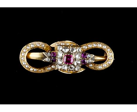 A RUBY, DIAMOND AND SEED PEARL SET BROOCH, the central square cluster with a cushion-shaped ruby framed by rose-cut diamonds,