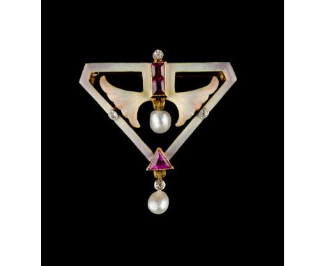AN ART NOUVEAU ENAMEL AND GEM SET BROOCH, circa 1900, designed as two stylised lilies, each opalescent enamel flowerhead issu