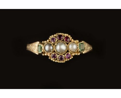 A VICTORIAN VARI GEM-SET PANEL RING, the beaded panel centred with a trio of half pearls, framed by cushion-shaped rubies and