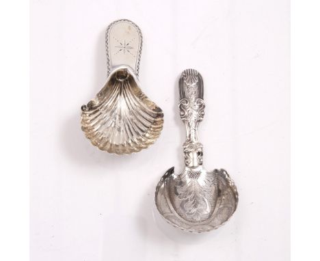 A GEORGE III SILVER 'JOCKEY CAP' CADDY SPOON with scallop shell bowl and bright cut handle, 7cm long, London 1785 by George S