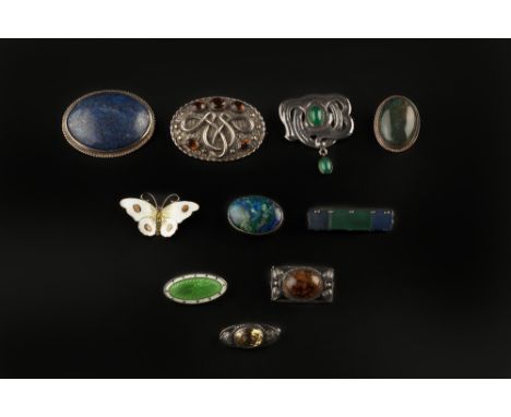 A COLLECTION OF BROOCHES, to include a Norwegian enamel butterfly brooch, by Hroar Prydz, an Arts and Crafts style green agat