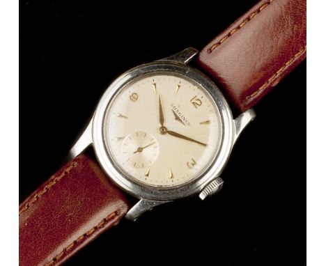 A GENTLEMAN'S STAINLESS STEEL WRISTWATCH BY LONGINES,  the circular signed silvered dial with gilt Arabic numerals, arrowhead