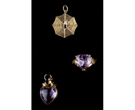 A COLLECTION OF GEM SET JEWELLERY, comprising a gem set spider's web pendant, a garnet set brooch, by Cropp & Farr, of abstra