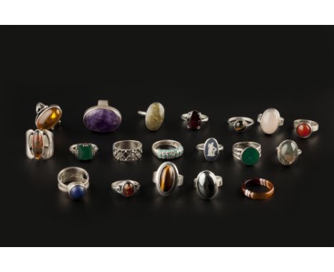 A COLLECTION OF DRESS RINGS, to include a Danish tiger's eye single stone ring by N.E. From, signed and stamped 'Sterling Den