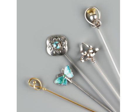 A COLLECTION OF HAT PINS, comprising an Arts and Crafts turquoise set hat pin by Murrle Bennett & Co, the quatrefoil-shaped p