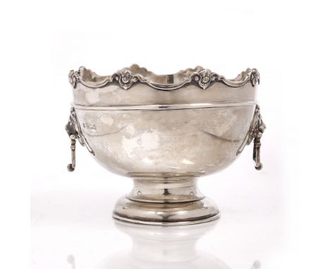 A SILVER ROSE BOWL, with shaped border, and lion's mask twin handles, on circular pedestal foot by William Hutton & Sons Ltd,