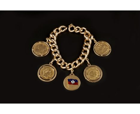 A GOLD COIN SET BRACELET,  the hollow curb-link bracelet stamped '750', suspending a Napoleon 20 francs gold coin, dated 1808