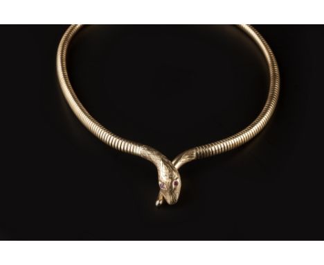 A 9CT GOLD SERPENT NECKLACE BY CROPP & FARR, the gas pipe-link collar with crossover panel depicting a serpent's head and tai